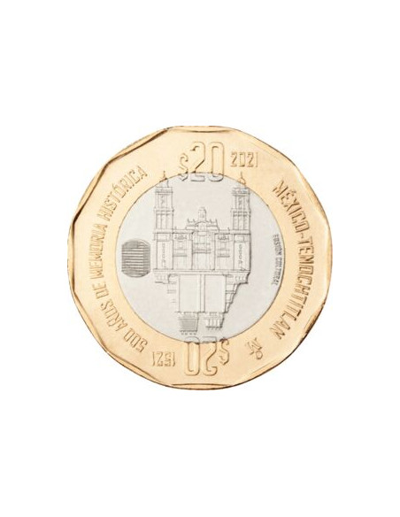 Rewers monety Meksyk 20 Peso 2021 500. rocznica upadku Tenochtitlanu