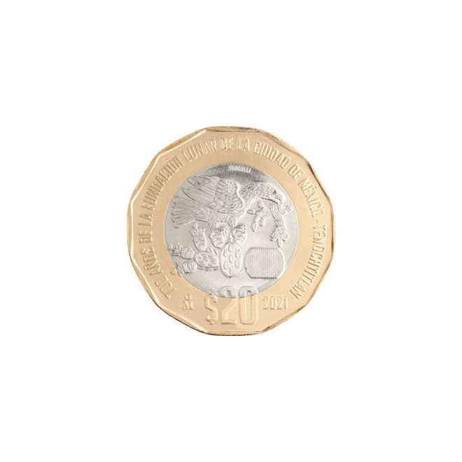 Rewers monety Meksyk 20 Peso 2021 700. rocznica założenia Tenochtitlanu