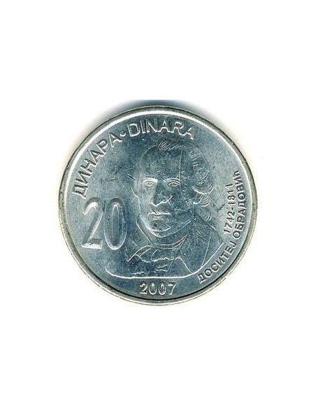 Rewers monety Serbia 20 Dinar 2007 265. rocznica urodzin Dositeja Obradovica