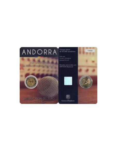 Awers monety Andora 2 euro 2016 25lecie powstanie publicznego Andorskiego Radia i Telewizji
