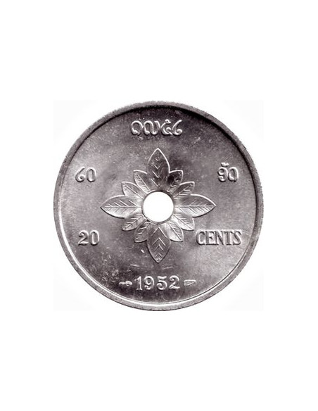 Rewers monety Laos 20 Centymów 1952