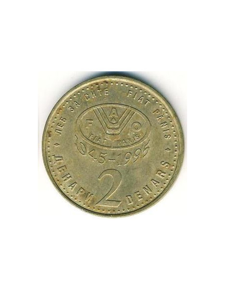 Rewers monety Macedonia Północna 2 Denary 1995 50. rocznica powstania F.A.O.