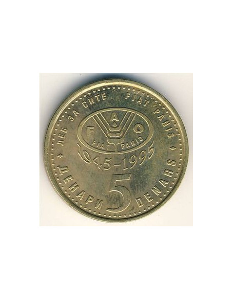 Rewers monety Macedonia Północna 5 Denar 1995 50. rocznica powstania F.A.O.