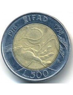 Awers monety Włochy 500 Lirów 1998 20 lat IFAD 2