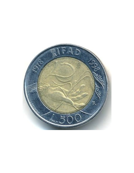 Rewers monety Włochy 500 Lirów 1998 20 lat IFAD