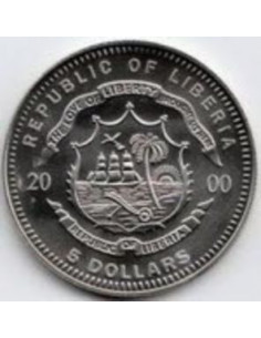 Awers monety Liberia 5 Dolarów 2000 10. rocznica zjednoczenie Niemiec 2