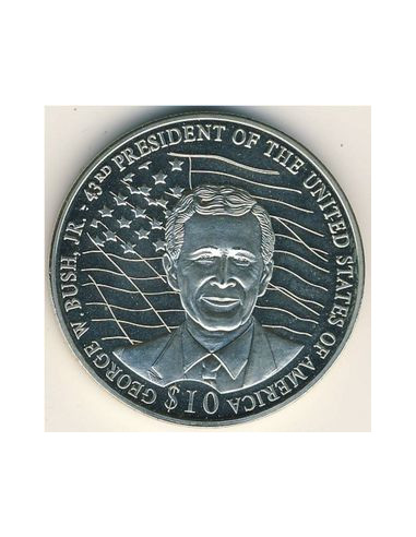 Awers monety Liberia 10 Dolarów 2000 43. prezydent USA George W. Bush JR.
