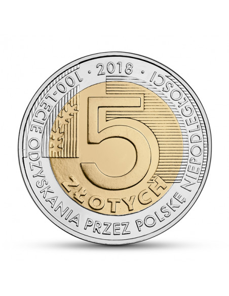 Awers monety 5 zł 2018 Moneta z okolicznościowym napisem 100lecie odzyskania przez Polskę niepodległości