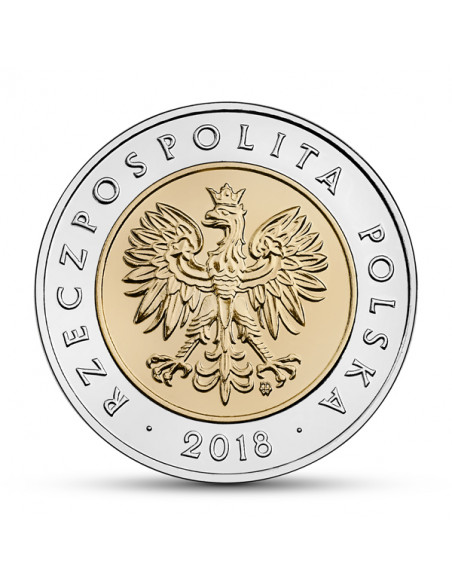 Rewers monety 5 zł 2018 Moneta z okolicznościowym napisem 100lecie odzyskania przez Polskę niepodległości