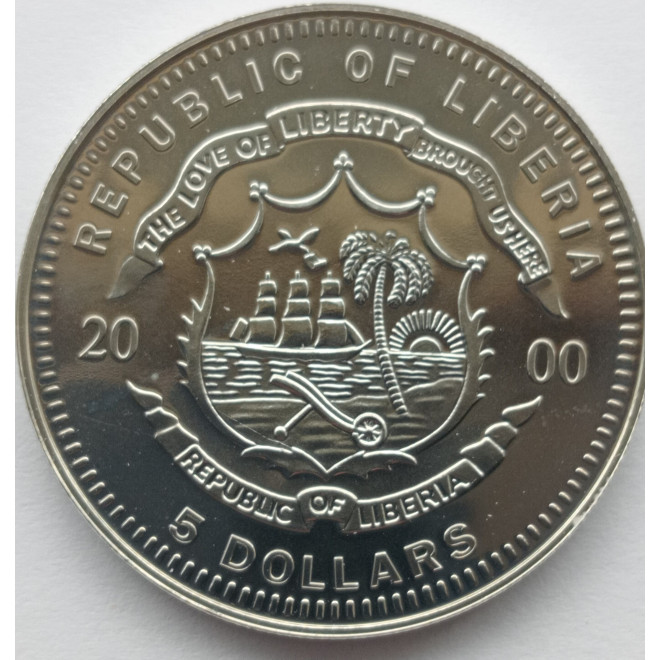 Rewers monety Liberia 5 Dolarów 2000
