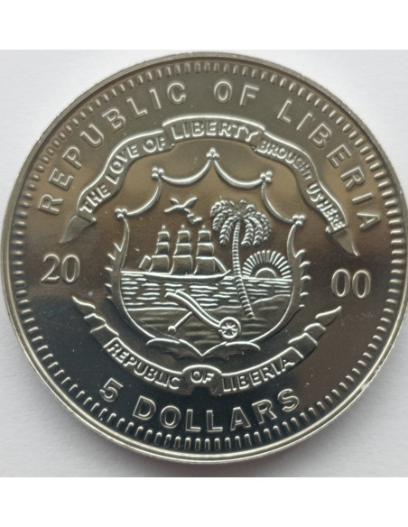 Rewers monety Liberia 5 Dolarów 2000