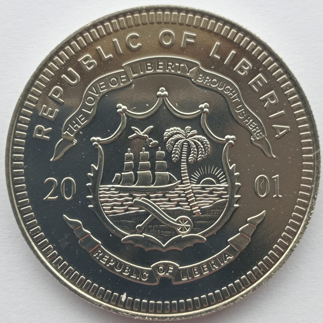 Rewers monety Liberia 5 Dolarów 2001