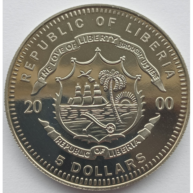 Rewers monety Liberia 5 Dolarów 2000