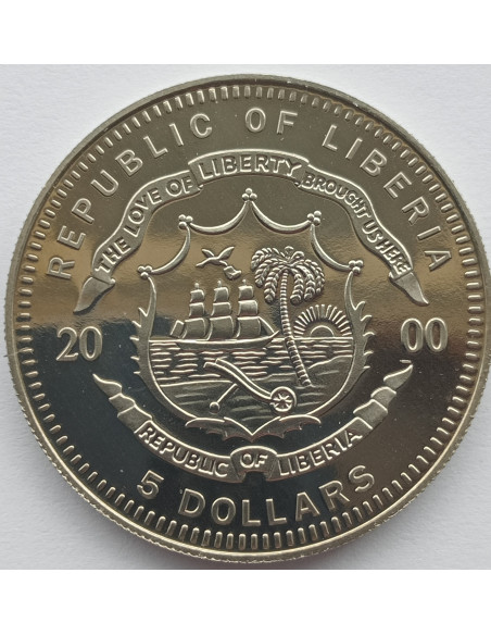 Rewers monety Liberia 5 Dolarów 2000