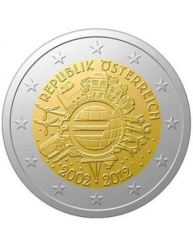 Awers monety 2 euro 2012 10lecie banknotów i monet euro Austria