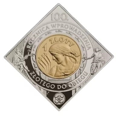 Rewers polskiej monety kolekcjonerskiej w temacie 100. rocznica wprowadzenia złotego do obiegu