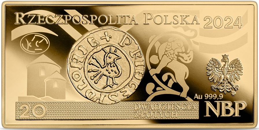 Awers polskiej monety kolekcjonerskiej złotej poświęconej banknotowi 20 złotych