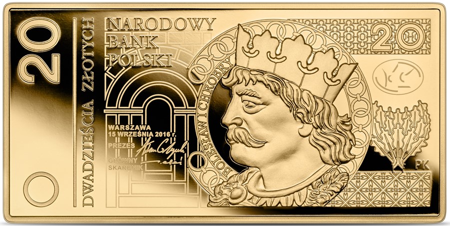 Rewers polskiej monety kolekcjonerskiej złotej poświęconej banknotowi 20 złotych