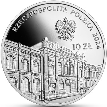Awers srebrnej monety wydanej w temacie 100 rocznica utworzenia Banku Polskiego SA