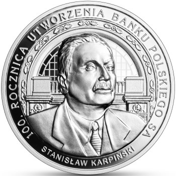 Rewers srebrnej monety wydanej w temacie 100 rocznica utworzenia Banku Polskiego SA