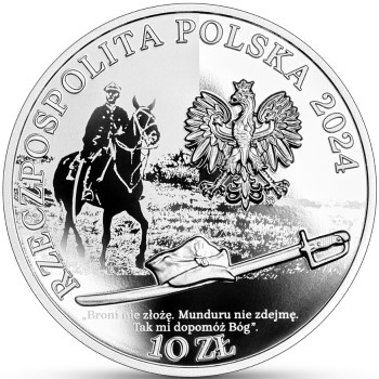 Awers polskiej srebrnej monety poświęconej majorowi Dobrzańskiemu Hubalowi