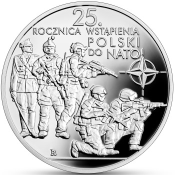 Rewers srebrnej monety w temacie 25. Rocznica Polski w NATO