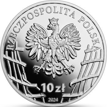 Awers srebrnej monety 10 złotych poświęconej majorowi Łupaszce