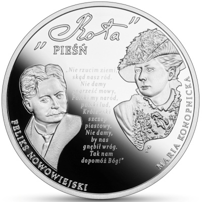 Srebrna moneta kolekcjonerska w temacie w Polskę wierzę Pieśń „Rota” rewers