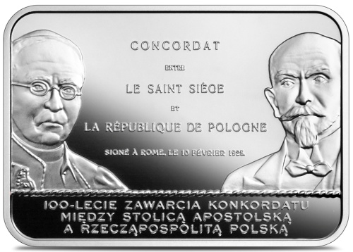 Rewers srebrnej monety kolekcjonerskiej na 100-lecie konkordatu Polska - Watykan