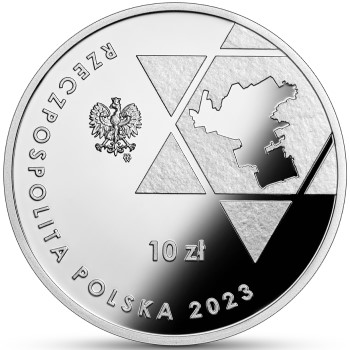 Awers srebrnej monety 80. rocznica powstania w getcie warszawskim