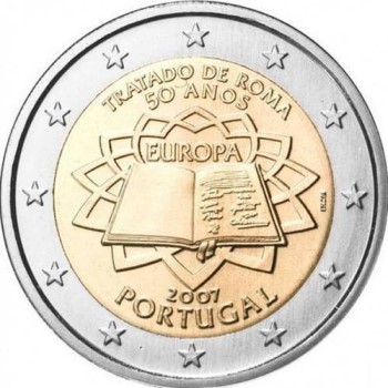 Awers monety tzw. strona narodowa 2 euro na przykładzie monety portugalskiej w temacie 50-lecia Traktatu Rzymskiego