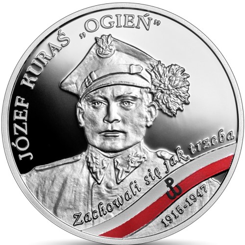 Rewers srebrnej monety poświęconej Józefowi Kurasiowi pseudonim "Ogień"