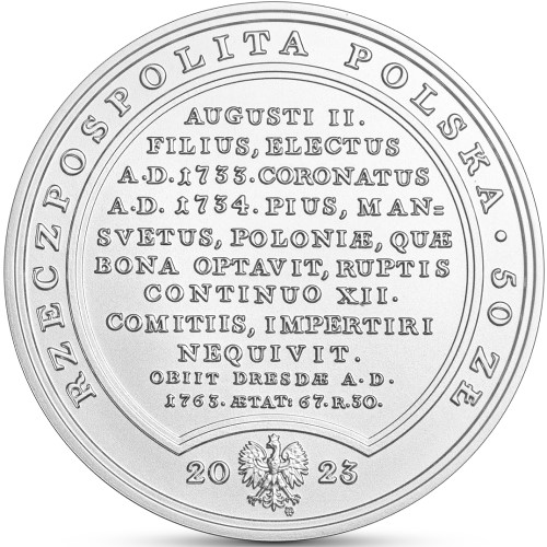 Awers polskiej srebrnej monety poświęconej Augustowi III Sasowi